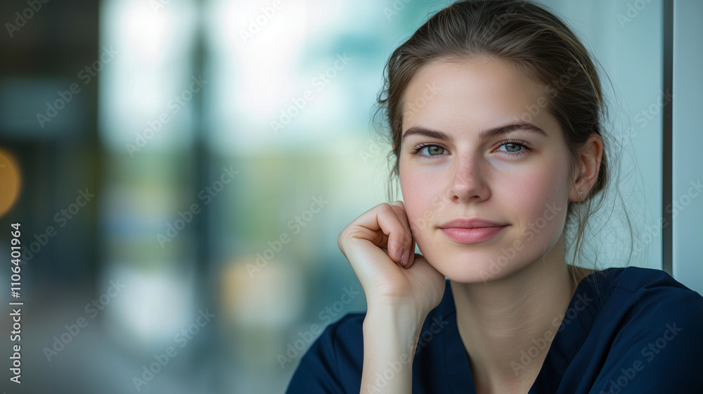 Young Female Doctor in Serene Clinic Reflecting on Patient Care Young Female Doctor in Serene Clinic Reflecting on Patient Care