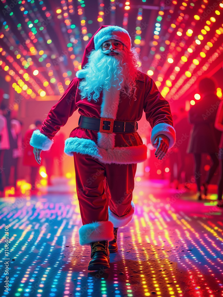 A man dressed as Santa Claus walking through a tunnel of lights A man dressed as Santa Claus walking through a tunnel of lights