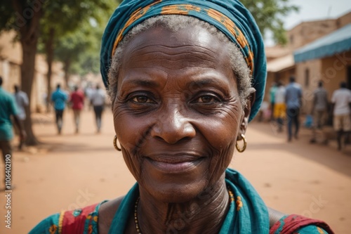 Close portrait of a smiling senior Malian woman looking at the camera, Malian city outdoors  blurred background photo