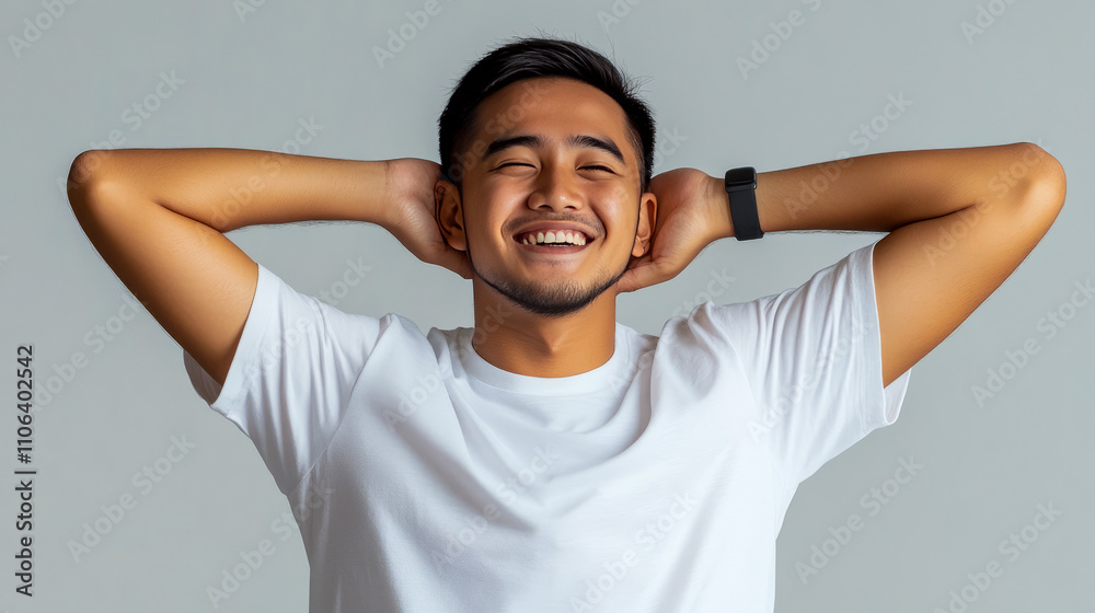 Asian young male smiling with relaxed pose in white shirt Asian young male smiling with relaxed pose in white shirt