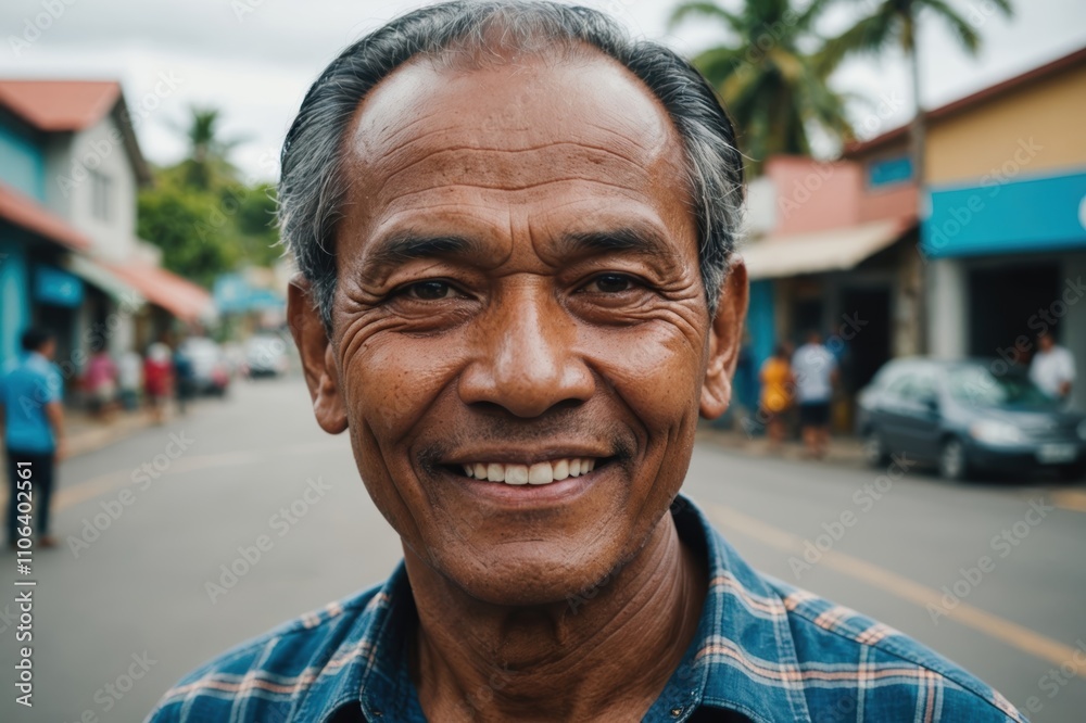 Close portrait of a smiling senior Marshallese man looking at the camera, Marshallese city outdoors blurred background Close portrait of a smiling senior Marshallese man looking at the camera, Marshallese city outdoors blurred background