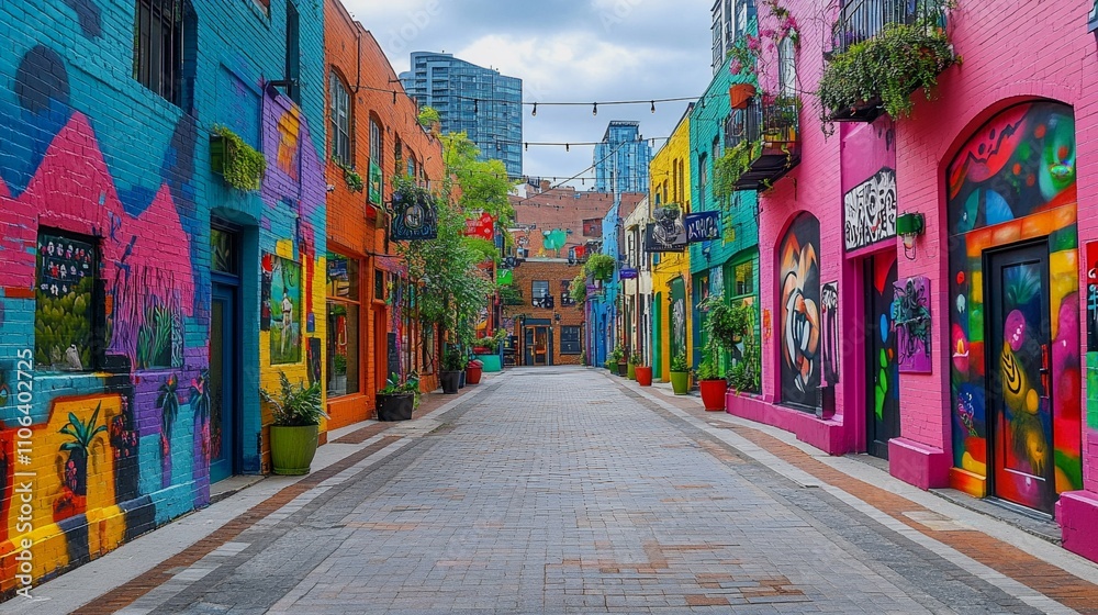 Fototapeta premium Vibrant urban alleyway with colorful murals and bright buildings, creating a lively atmosphere in a city.