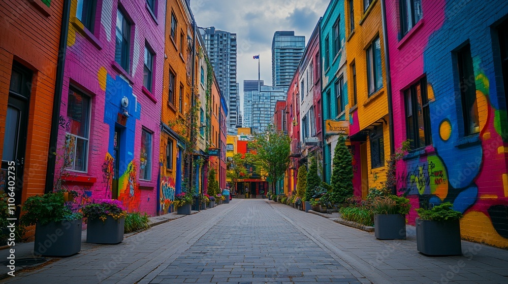 Fototapeta premium Vibrant urban alleyway with colorful murals and bright buildings, creating a lively atmosphere in a city.