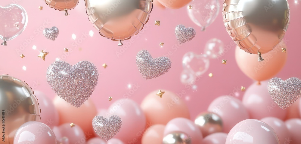 Blush pink with floating diamond hearts, small stars, and champagne-colored balloons filling the background. Blush pink with floating diamond hearts, small stars, and champagne-colored balloons filling the background.