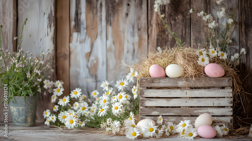 A wooden crate filled with hay pastel eggs and blooming daisies set against a rustic backdrop.