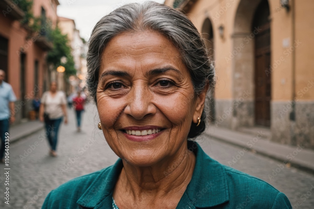 Close portrait of a smiling senior Mexican woman looking at the camera, Mexican city outdoors blurred background Close portrait of a smiling senior Mexican woman looking at the camera, Mexican city outdoors blurred background
