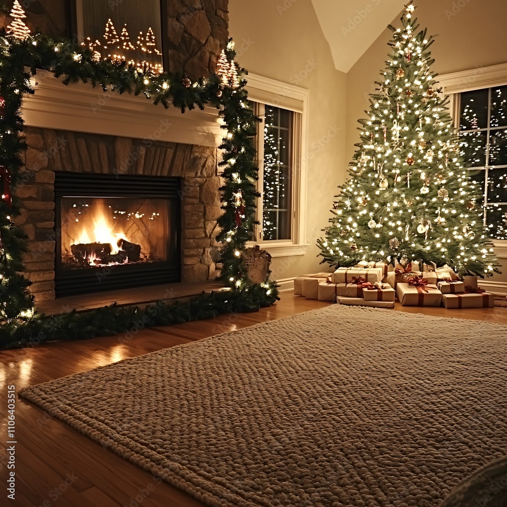 Christmas fireplace in cozy interior Christmas fireplace in cozy interior