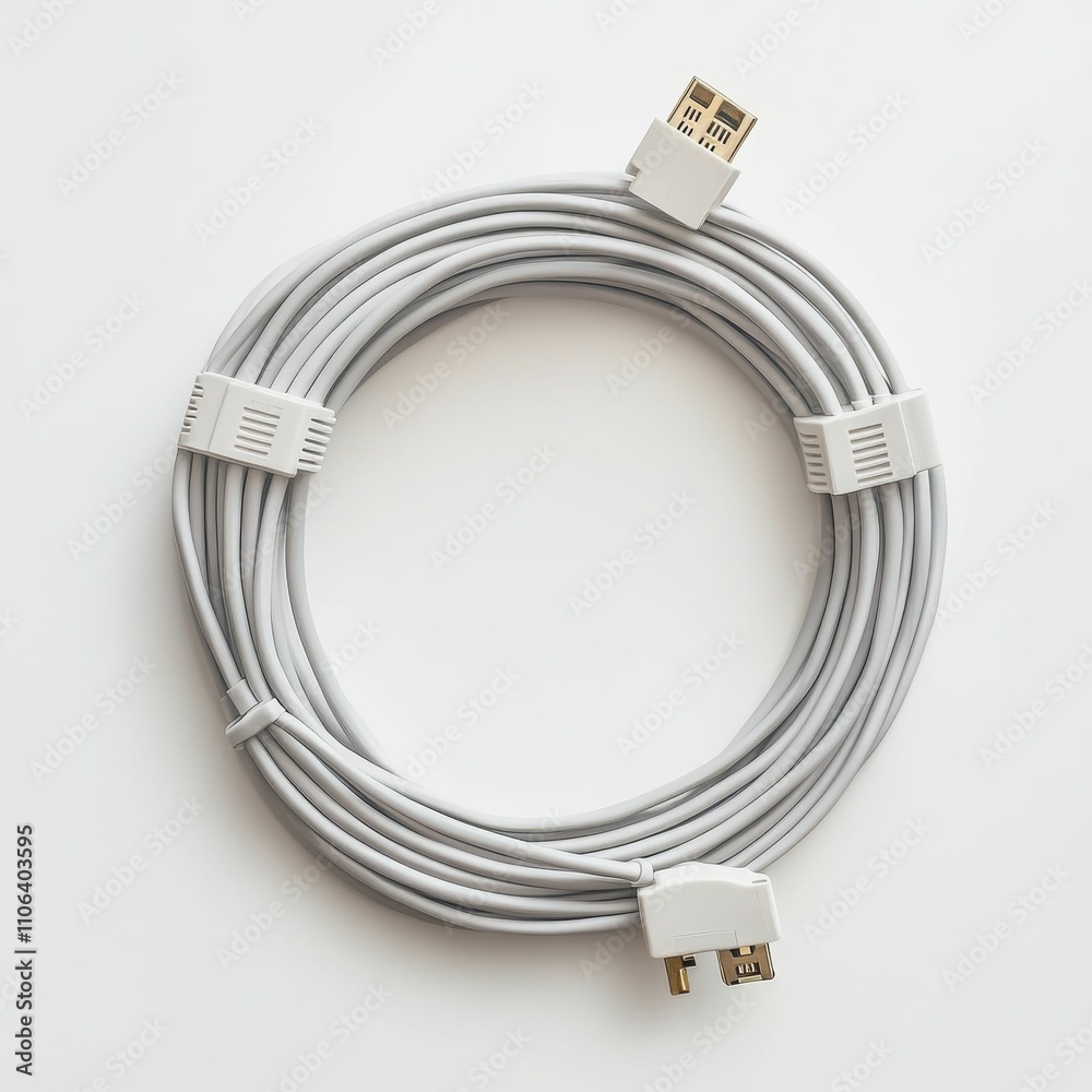Coiled cable, connectors, light gray, white background. Coiled cable, connectors, light gray, white background.