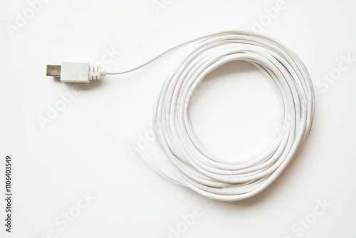 White cable neatly coiled, connector visible.