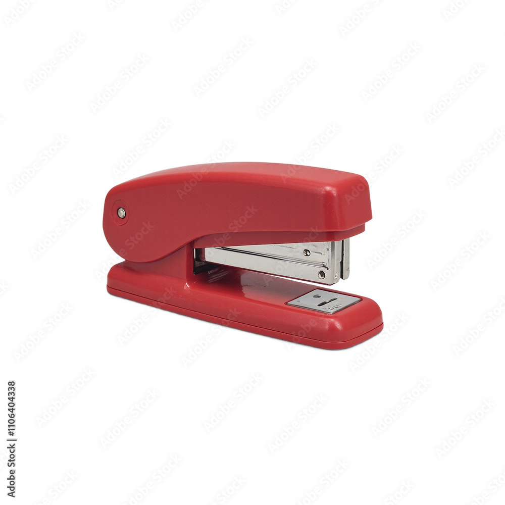 Modern red stapler with sleek design and visible loading mechanism on gray backdrop Modern red stapler with sleek design and visible loading mechanism on gray backdrop