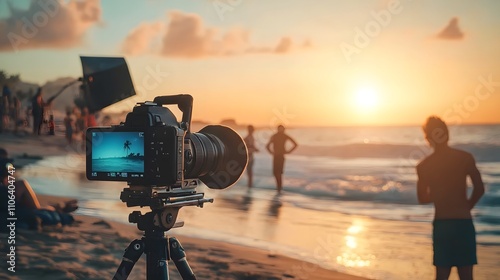 Camera filming beach sunset scene with models.