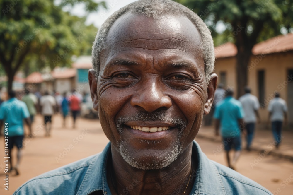 Close portrait of a smiling senior Mozambican man looking at the camera, Mozambican city outdoors blurred background Close portrait of a smiling senior Mozambican man looking at the camera, Mozambican city outdoors blurred background