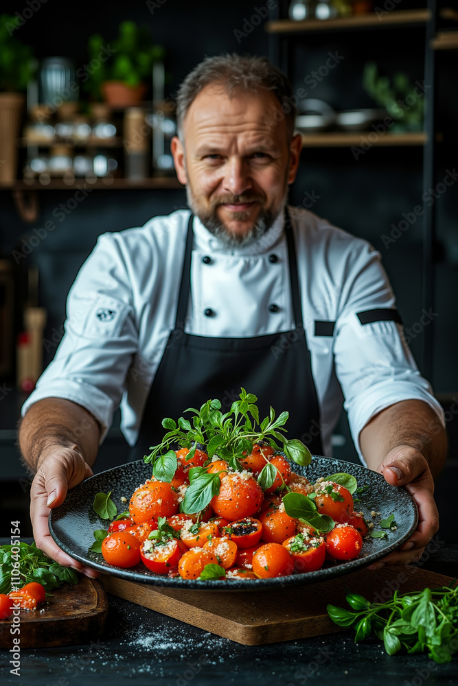 A man in an apron holding a plate of tomatoes and basil A man in an apron holding a plate of tomatoes and basil