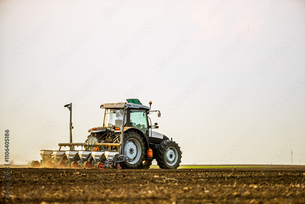 Obraz premium Modern tractor seeding, planting agricultural field at dusk