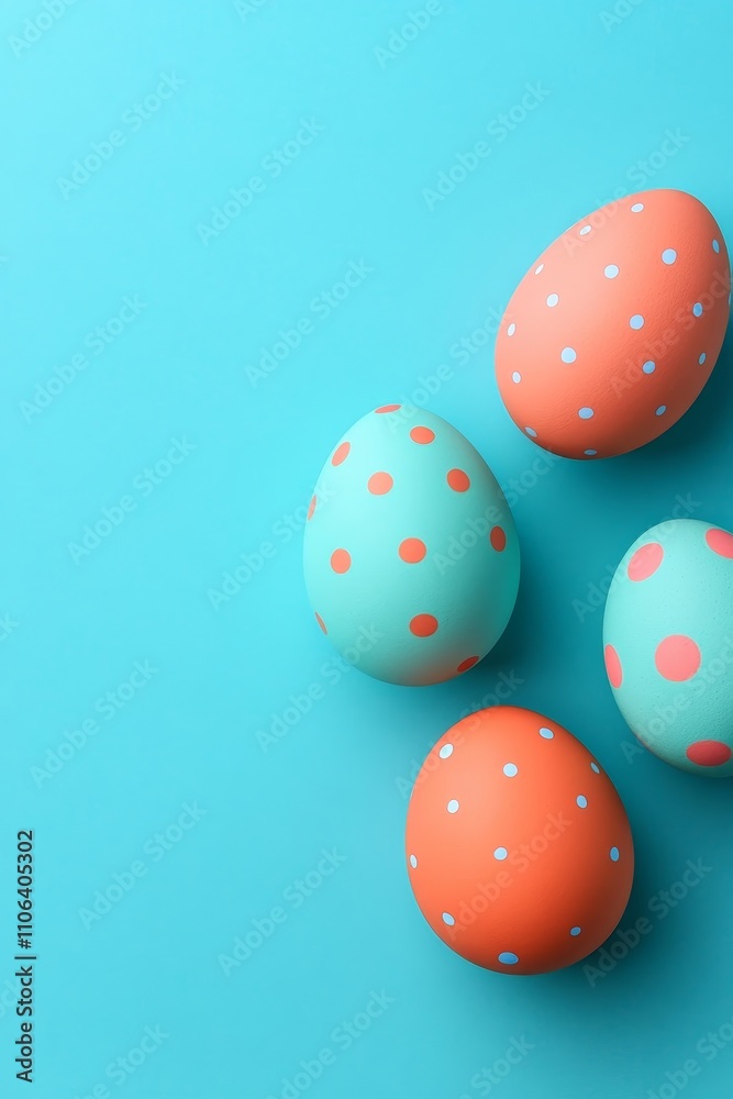 Four Turquoise And Coral Easter Eggs With A Dot Pattern On A Turquoise Background, Copy Space Four Turquoise And Coral Easter Eggs With A Dot Pattern On A Turquoise Background, Copy Space