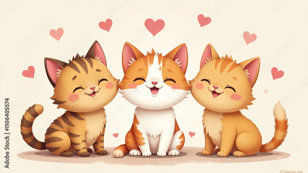 Fototapeta premium Three adorable kittens sharing joy and affection with hearts floating around them