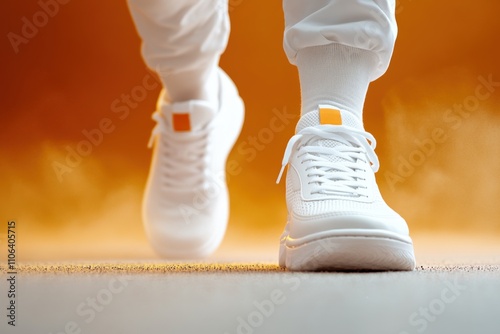 Close-up of Stylish White Sneakers in Action on Vibrant Orange Background