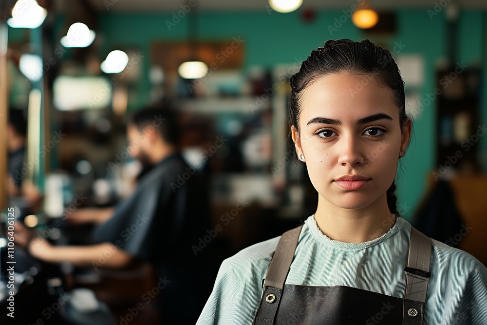 Fototapeta premium A professional female barber stands in the foreground