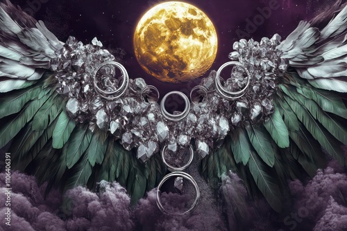 Deep plum with a full golden moon, cascading silver rings, mirrored structures, and soft green feathered wings.