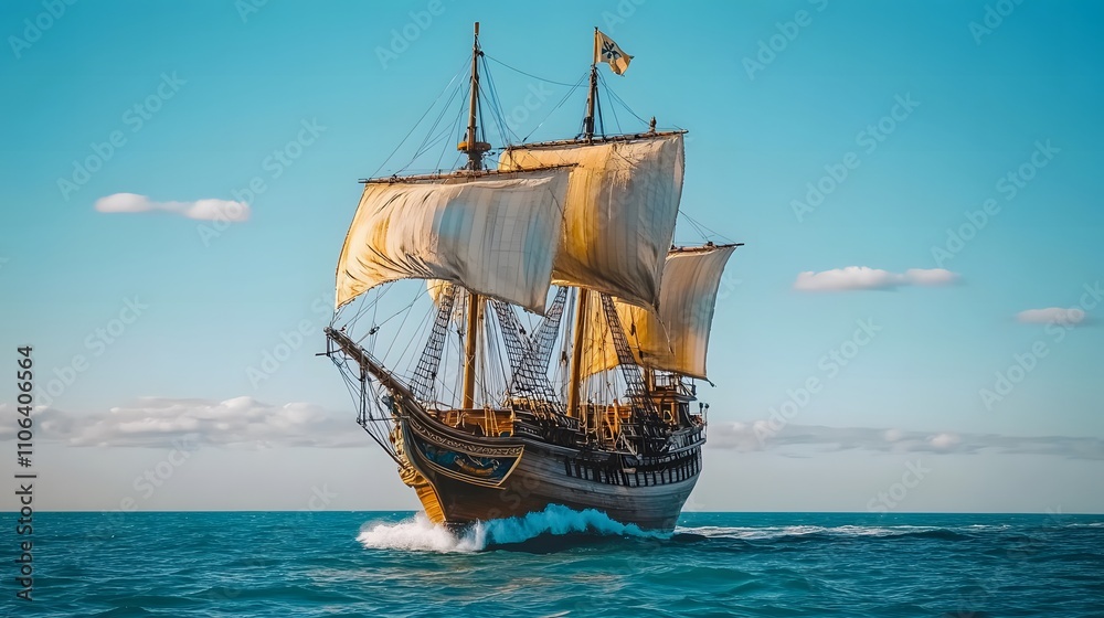 Obraz premium Majestic sailing ship glides across ocean waves under a vibrant sky.