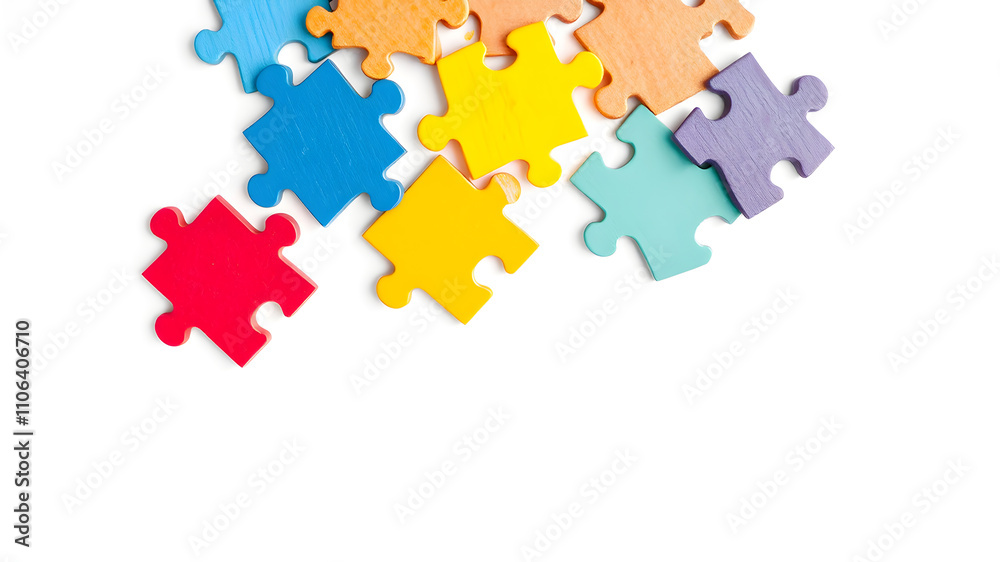 Classic puzzle pieces in various colors placed loosely, clean backdrop, space for text below. Generative AI Classic puzzle pieces in various colors placed loosely, clean backdrop, space for text below. Generative AI