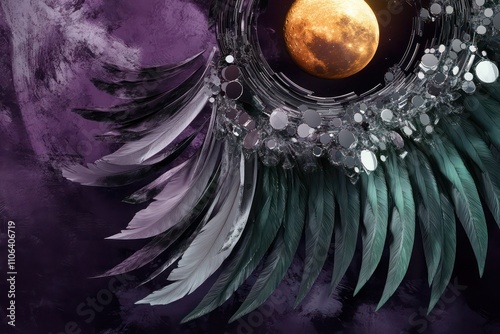 Deep plum with a full golden moon, cascading silver rings, mirrored structures, and soft green feathered wings. photo