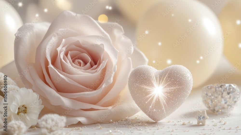 Dusty rose with delicate star patterns, a radiant heart-shaped diamond, and soft cream-colored balloons. Dusty rose with delicate star patterns, a radiant heart-shaped diamond, and soft cream-colored balloons.