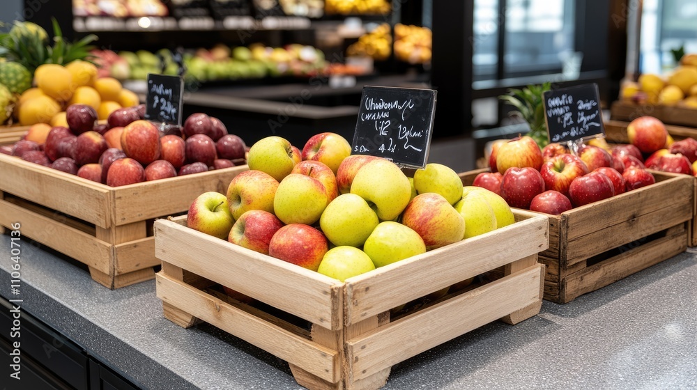 Vibrant apples are neatly placed in wooden crates on a store counter, showcasing their freshness and color under cinematic lighting Vibrant apples are neatly placed in wooden crates on a store counter, showcasing their freshness and color under cinematic lighting