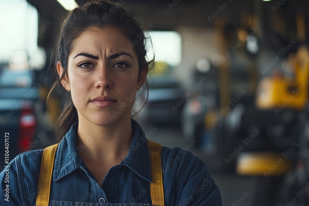 A professional female mechanic stands in the foreground A professional female mechanic stands in the foreground