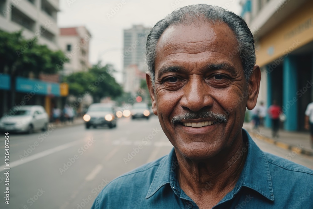 Close portrait of a smiling senior Panamanian man looking at the camera, Panamanian city outdoors blurred background Close portrait of a smiling senior Panamanian man looking at the camera, Panamanian city outdoors blurred background