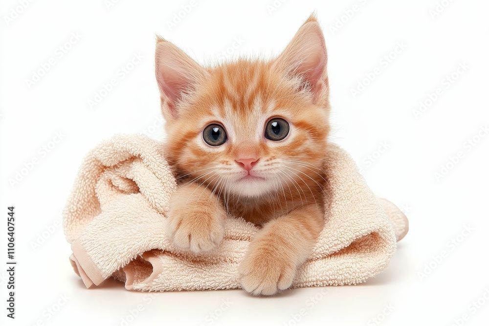 Orange kitten nestled in soft towel, white background. Orange kitten nestled in soft towel, white background.
