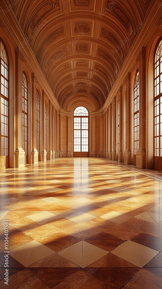 Fototapeta premium A grand, long, and elegant hallway with a vaulted ceiling, large windows, and a wooden floor.