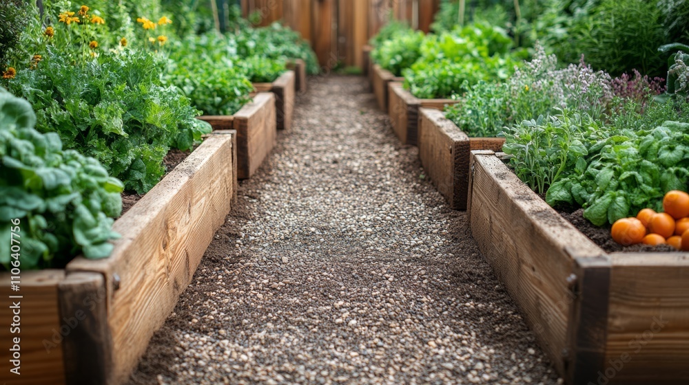 A gravel pathway leads through a lush raised garden bed with rows of fresh herbs and vegetables.