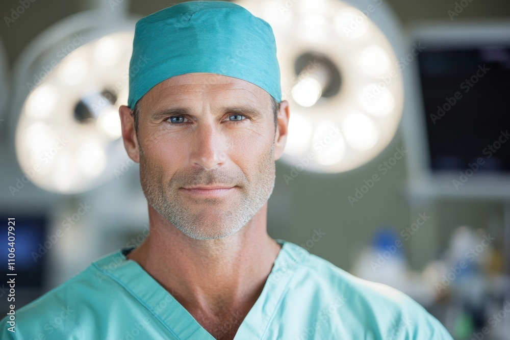 A confident male surgeon stands in an operating room, showcasing a focused expression and professional demeanor, ready to perform surgery in a sterile environment. A confident male surgeon stands in an operating room, showcasing a focused expression and professional demeanor, ready to perform surgery in a sterile environment.