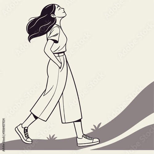 beautiful girl long hair standing  and place for text. Minimalistic design, flat cartoon vector