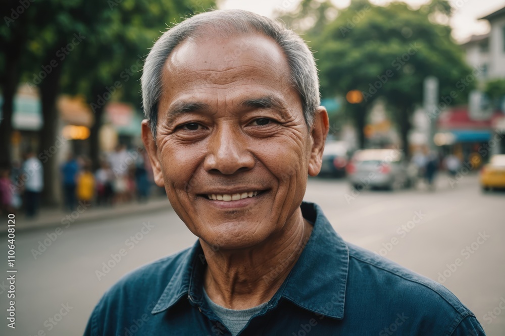 Close portrait of a smiling senior Filipino man looking at the camera, Filipino city outdoors blurred background Close portrait of a smiling senior Filipino man looking at the camera, Filipino city outdoors blurred background