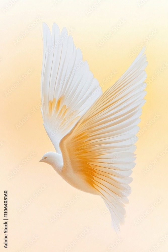 Obraz premium Graceful White Dove in Flight Against Soft Amber Sky