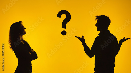 woman blaming man. man reacting cluelessly. silhouette of woman and man with question mark sign. isolated on yellow background