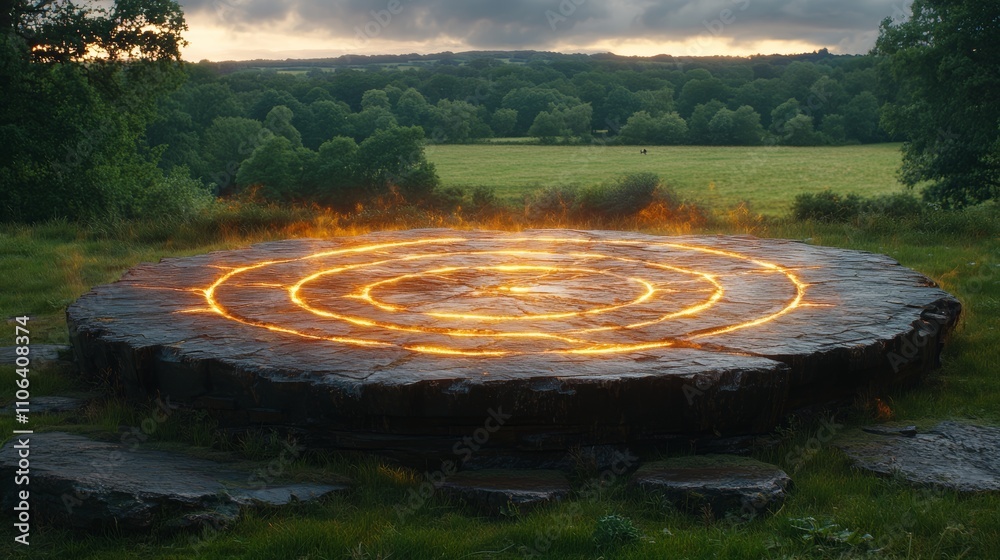 A large stone platform with a circular pattern of fire glowing on its surface, set against a background of green trees and a grassy field. A large stone platform with a circular pattern of fire glowing on its surface, set against a background of green trees and a grassy field.