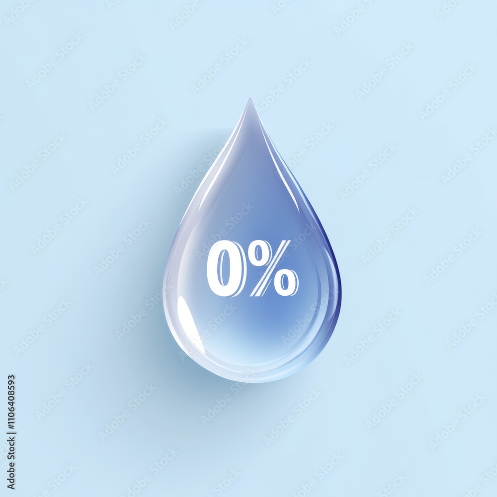 Transparent Water Drop Design with Zero Percent Symbol on Light Blue Background Transparent Water Drop Design with Zero Percent Symbol on Light Blue Background