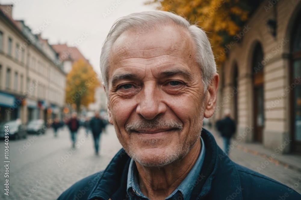 Close portrait of a smiling senior Romanian man looking at the camera, Romanian city outdoors blurred background Close portrait of a smiling senior Romanian man looking at the camera, Romanian city outdoors blurred background