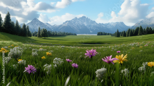 A peaceful meadow full of wildflowers with distant mountains in the background