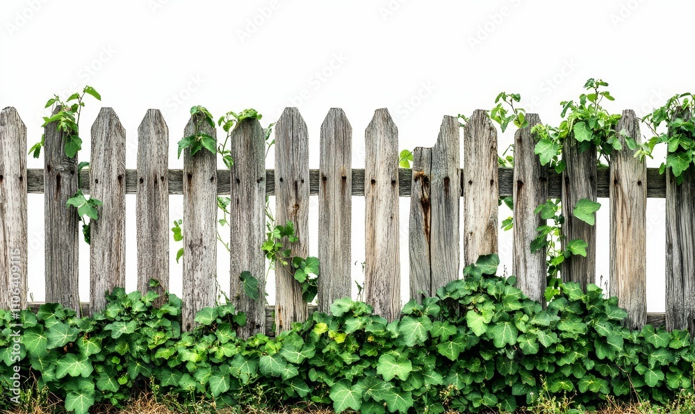 Old wooden fence, overgrown with lush green vines.