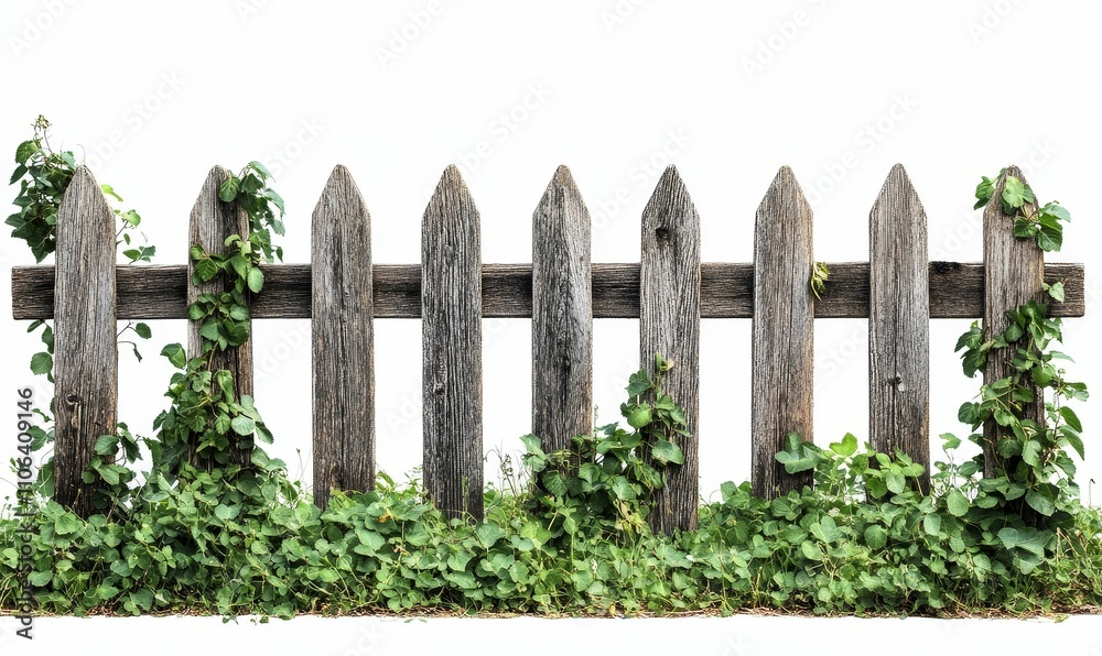 Overgrown wooden fence, green vines, ground cover. Overgrown wooden fence, green vines, ground cover.