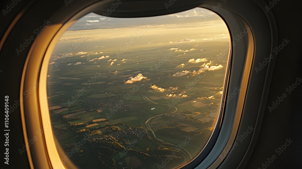 Airplane window view of sunset over landscape. Airplane window view of sunset over landscape.