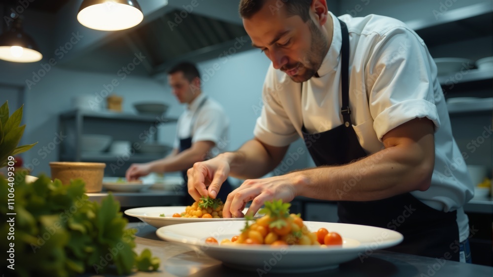 Skilled chefs meticulously plating gourmet dishes in a bustling restaurant kitchen at night Skilled chefs meticulously plating gourmet dishes in a bustling restaurant kitchen at night