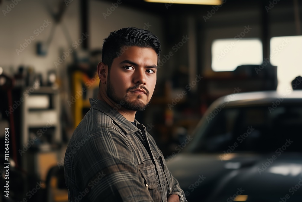 A professional male mechanic stands in the foreground A professional male mechanic stands in the foreground