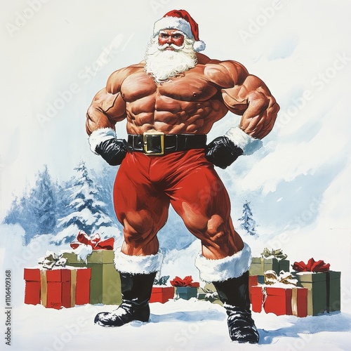 Muscular Santa Clause bodybuilder muscleman depicted in a Christmas postcard style - Digital Art, Concept Art