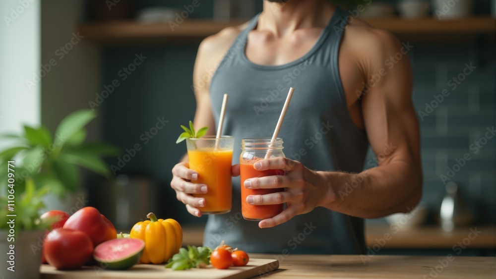 A fit individual enjoys vibrant smoothies in a well-lit kitchen filled with fresh produce A fit individual enjoys vibrant smoothies in a well-lit kitchen filled with fresh produce