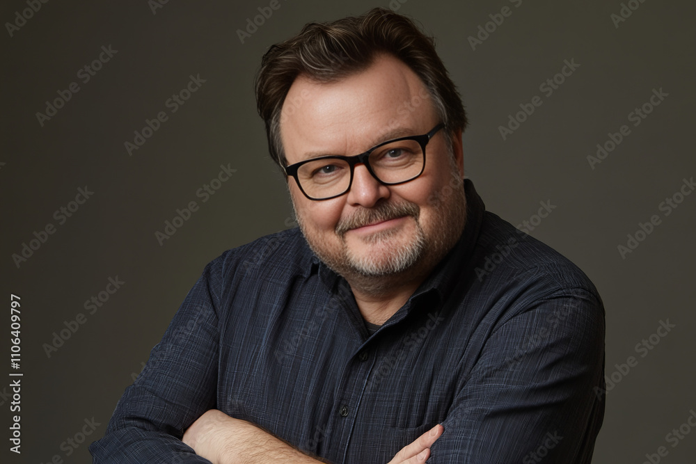 Obraz premium Confident middle aged man posing in casual attire with natural lighting, ideal for lifestyle, professional, and fashion-themed imagery highlighting modern confidence, style, and masculinity